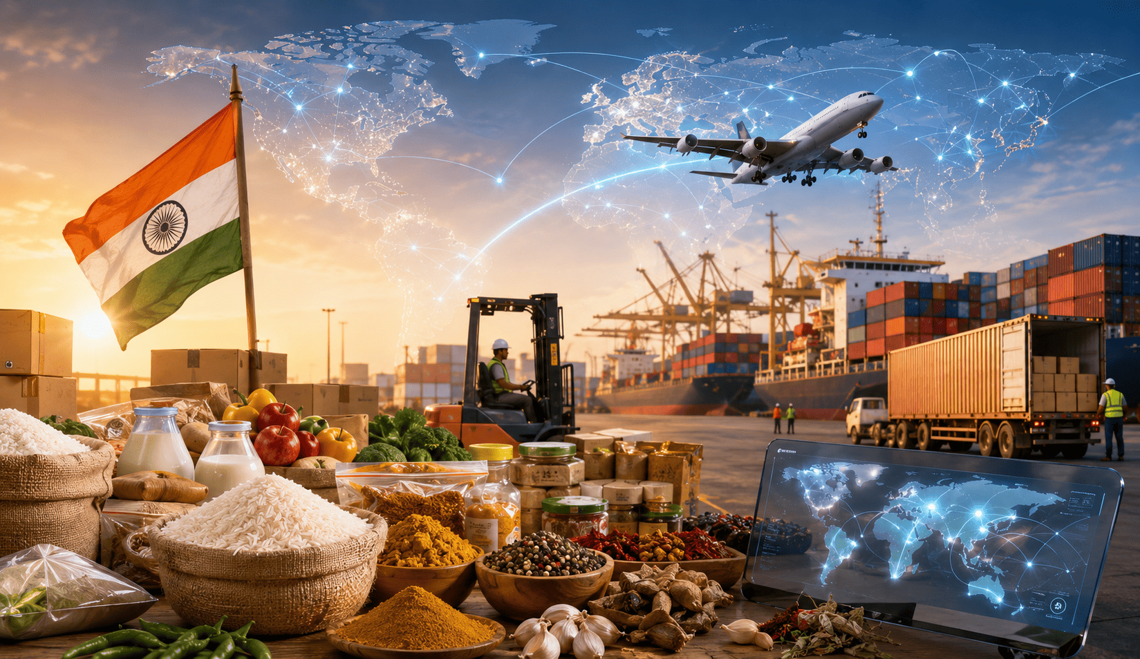 Indian agriculture products like basmati rice, spices, dhal, and fresh vegetables ready for international export with APEDA certification.