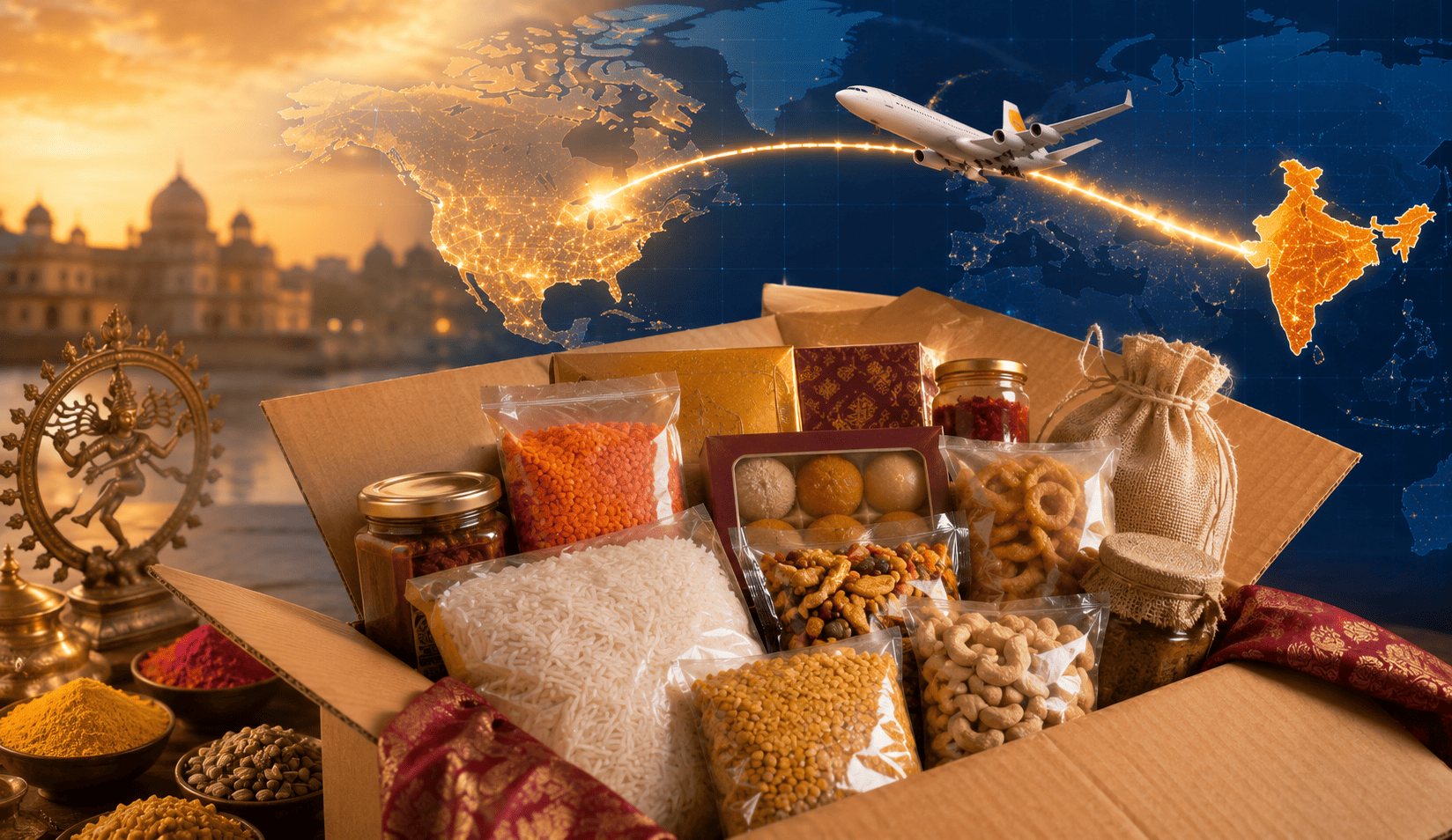 Indian grocery products, including spices, pickles, snacks, sweets, and millets, are packed for international shipping to the USA.